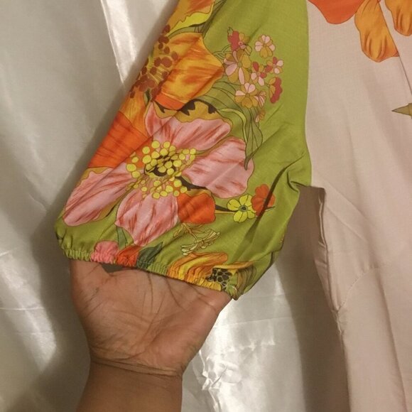 Floral Short Sleeve Tropical Silas  Puff Sleeve Crew Neck Midi Dress L - Picture 10 of 13